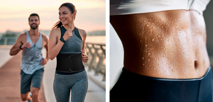 a picture showing a couple running and the woman wearing slimwasit and a 2nd picture showing a sweaty woman belly